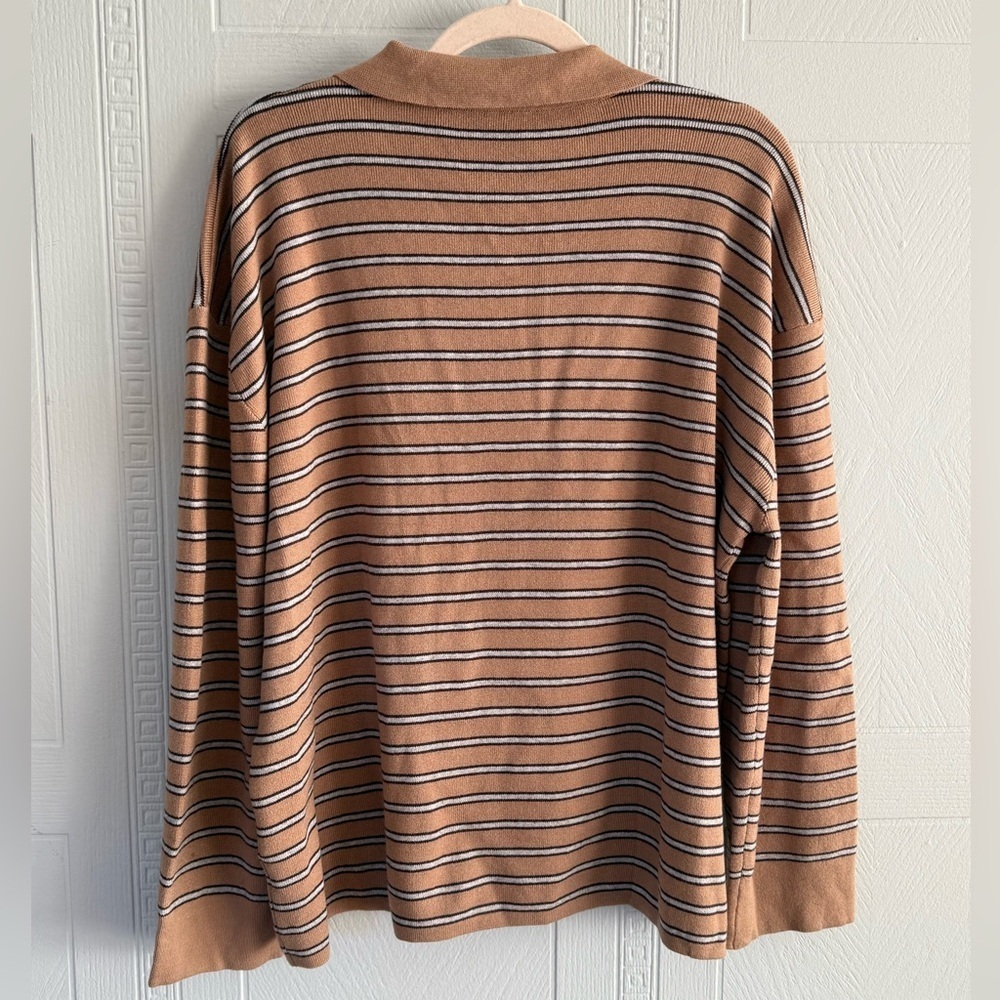 Tan Brown Blue Striped Oversized Polo Sweater Womens XL Preppy College Academia - Picture 6 of 10